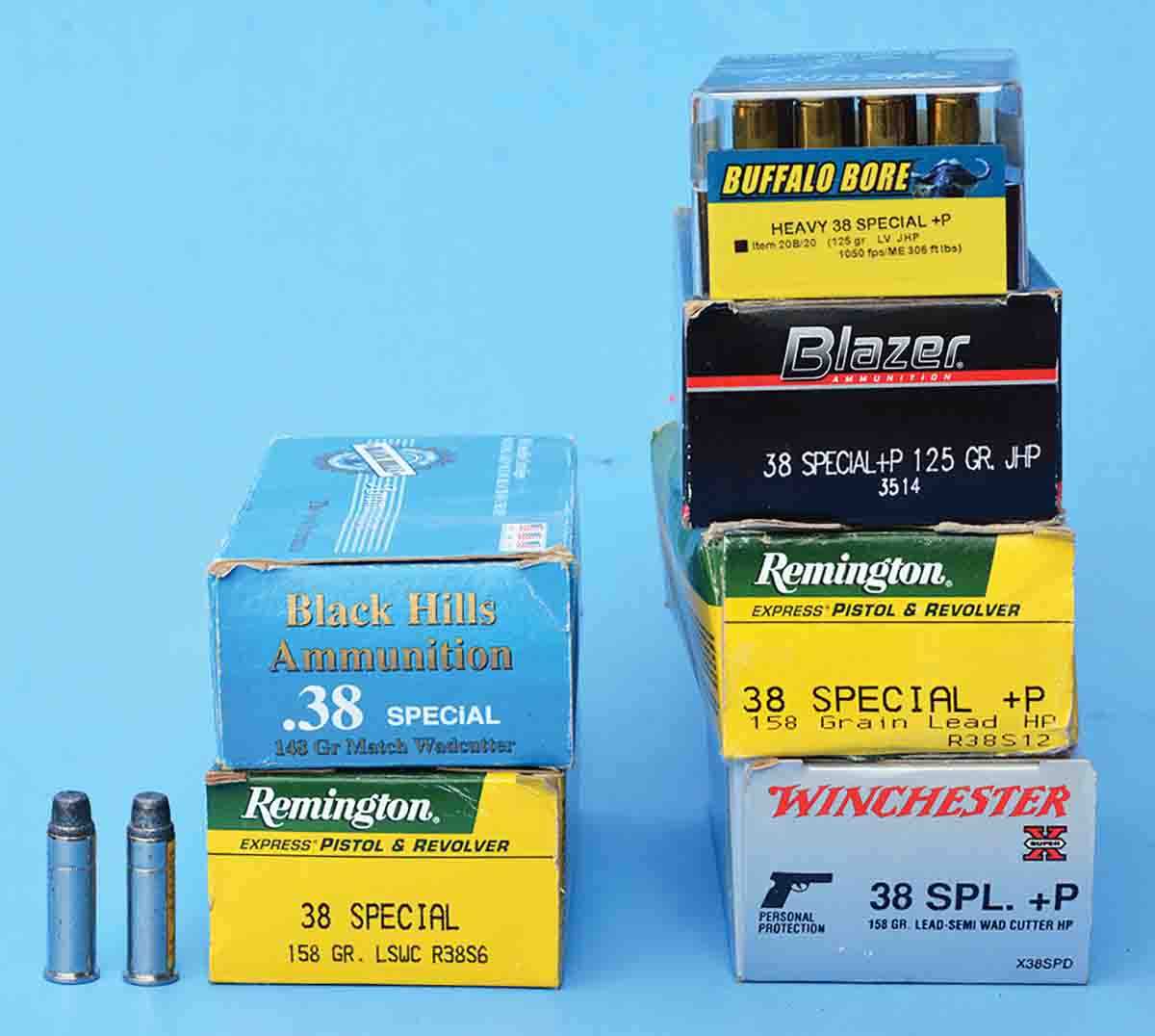 Virtually all ammunition companies still offer standard pressure .38 Special loads for vintage guns and target work such as Remington and Black Hills Ammunition (left), but due to their higher pressure, +P loads (right) are not suitable for all guns.